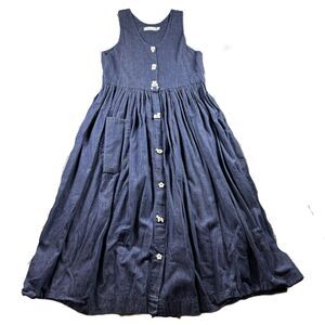 Dogwood Lane Women Denim Dress Vintage Jumper Midi Porcelain Buttons XS M168